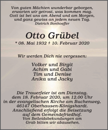 Traueranzeige von Otto Grübel von WVW Anzeigenblätter