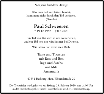 Traueranzeige von Paul Schweeren von WVW Anzeigenblätter