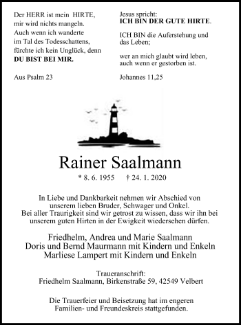 Traueranzeige von Rainer Saalmann von WVW Anzeigenblätter
