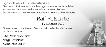 Traueranzeige von Ralf Petschke von WVW Anzeigenblätter