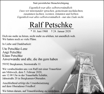 Traueranzeige von Ralf Petschke von WVW Anzeigenblätter