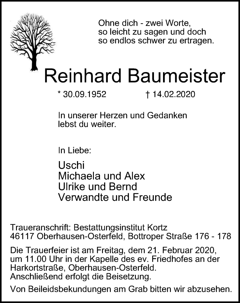  Traueranzeige für Reinhard Baumeister vom 19.02.2020 aus WVW Anzeigenblätter