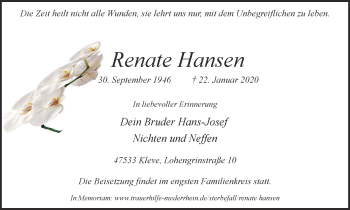 Traueranzeige von Renate Hansen von WVW Anzeigenblätter