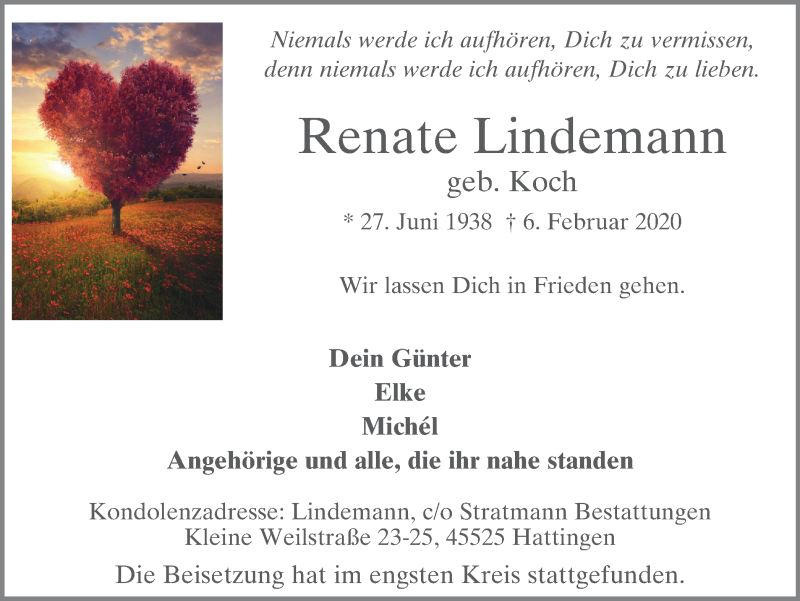  Traueranzeige für Renate Lindemann vom 22.02.2020 aus WVW Anzeigenblätter
