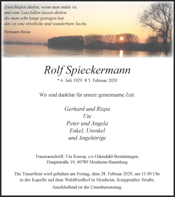 Traueranzeige von Rolf Spieckermann von WVW Anzeigenblätter