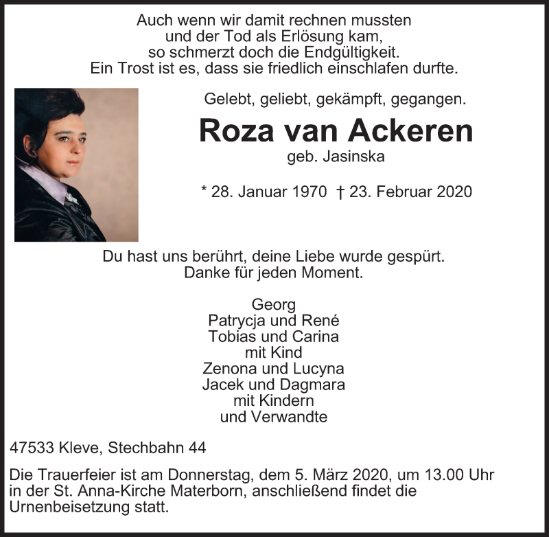  Traueranzeige für Roza van Ackeren vom 29.02.2020 aus WVW Anzeigenblätter