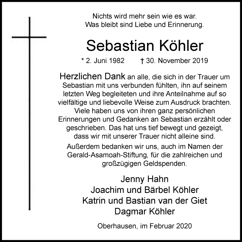  Traueranzeige für Sebastian Köhler vom 22.02.2020 aus WVW Anzeigenblätter
