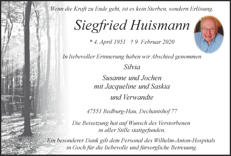  Traueranzeige für Siegfried Huismann vom 22.02.2020 aus WVW Anzeigenblätter