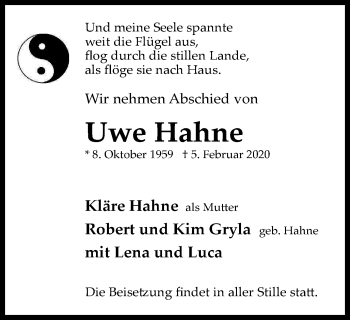 Traueranzeige von Uwe Hahne von WVW Anzeigenblätter
