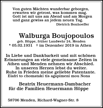 Traueranzeige von Walburga Boujopoulos von WVW Anzeigenblätter