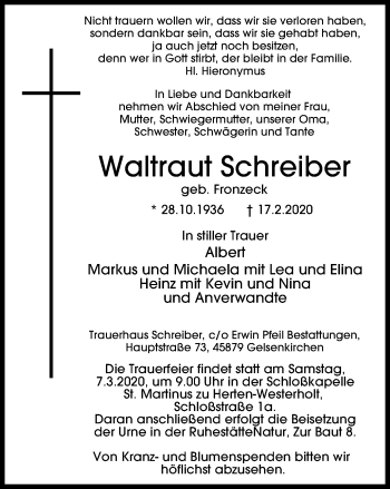 Traueranzeige von Waltraut Schreiber von WVW Anzeigenblätter