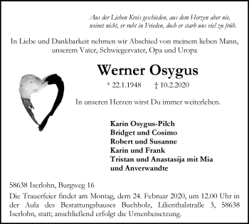 Traueranzeige von Werner Osygus von WVW Anzeigenblätter