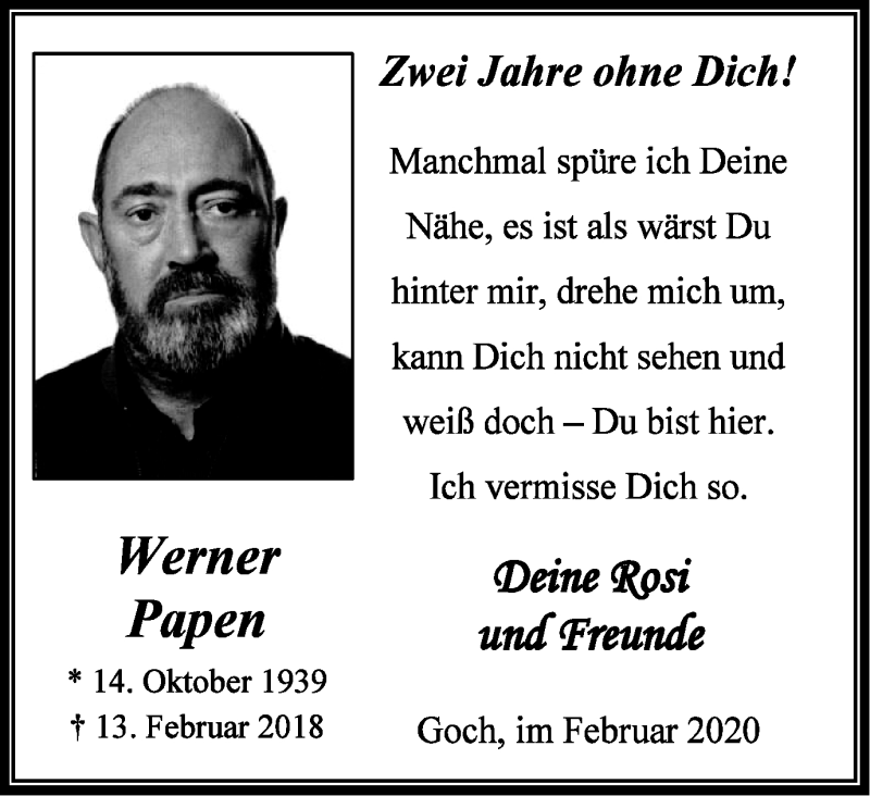  Traueranzeige für Werner Papen vom 15.02.2020 aus WVW Anzeigenblätter
