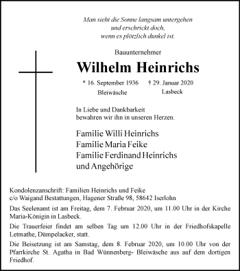 Traueranzeige von Wilhelm Heinrichs von WVW Anzeigenblätter