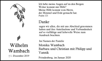 Traueranzeige von Wilhelm Wambach von WVW Anzeigenblätter