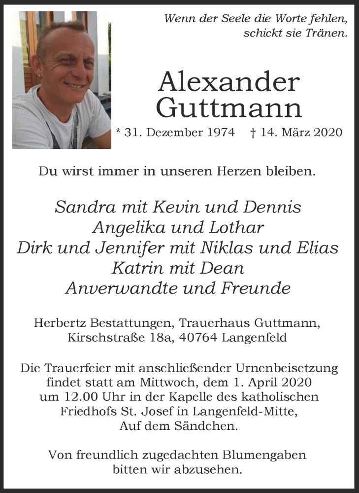  Traueranzeige für Alexander Guttmann vom 21.03.2020 aus WVW Anzeigenblätter