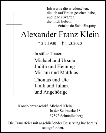 Traueranzeige von Alexander Franz Klein von WVW Anzeigenblätter