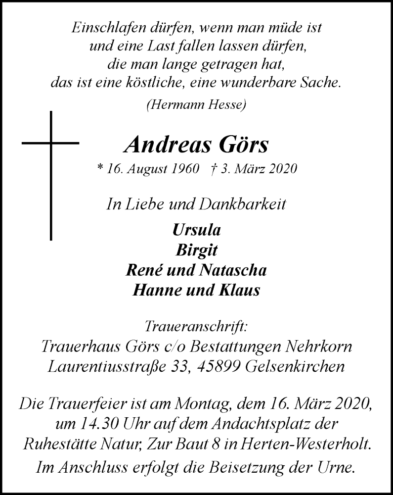  Traueranzeige für Andreas Görs vom 11.03.2020 aus WVW Anzeigenblätter