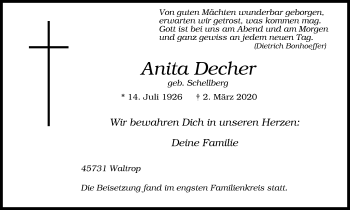 Traueranzeige von Anita Decher von WVW Anzeigenblätter