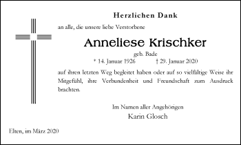Traueranzeige von Anneliese Krischker von WVW Anzeigenblätter