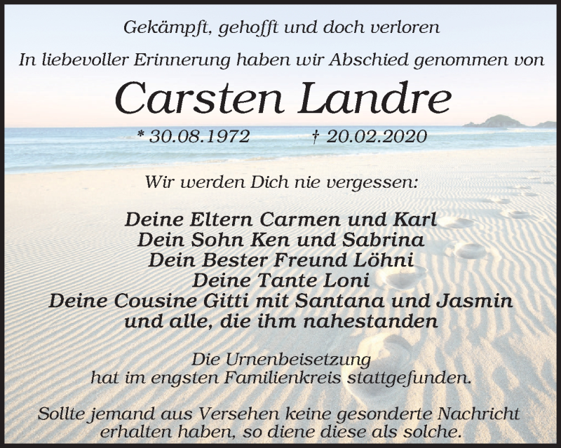  Traueranzeige für Carsten Landre vom 14.03.2020 aus WVW Anzeigenblätter