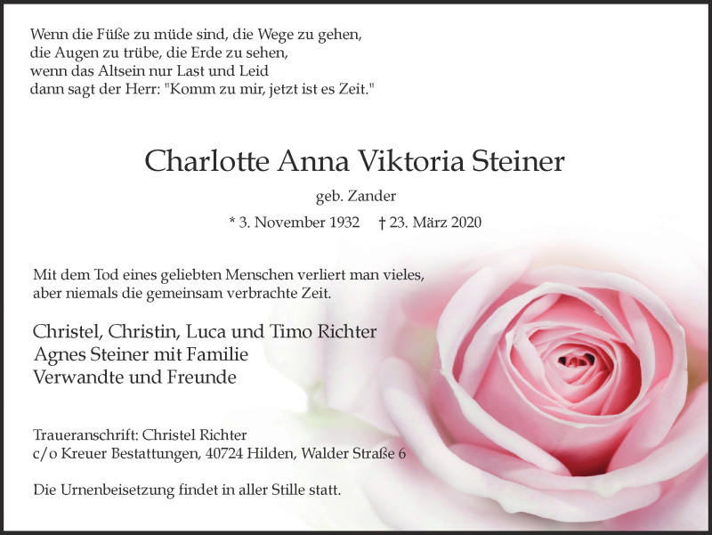  Traueranzeige für Charlotte Anna Viktoria Steiner vom 28.03.2020 aus WVW Anzeigenblätter