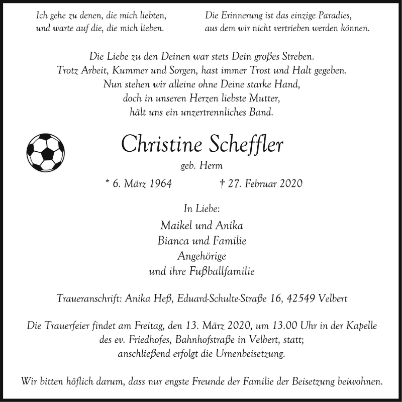  Traueranzeige für Christine Scheffler vom 07.03.2020 aus WVW Anzeigenblätter