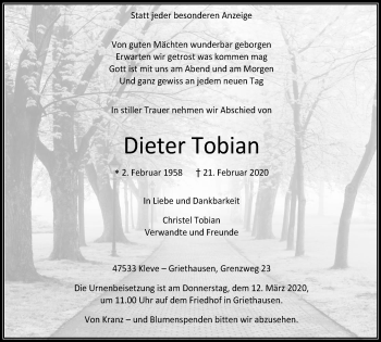 Traueranzeige von Dieter Tobian von WVW Anzeigenblätter