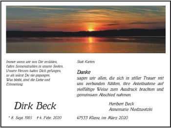 Traueranzeige von Dirk Beck von WVW Anzeigenblätter