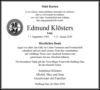 Traueranzeige von Edmund Klösters von WVW Anzeigenblätter