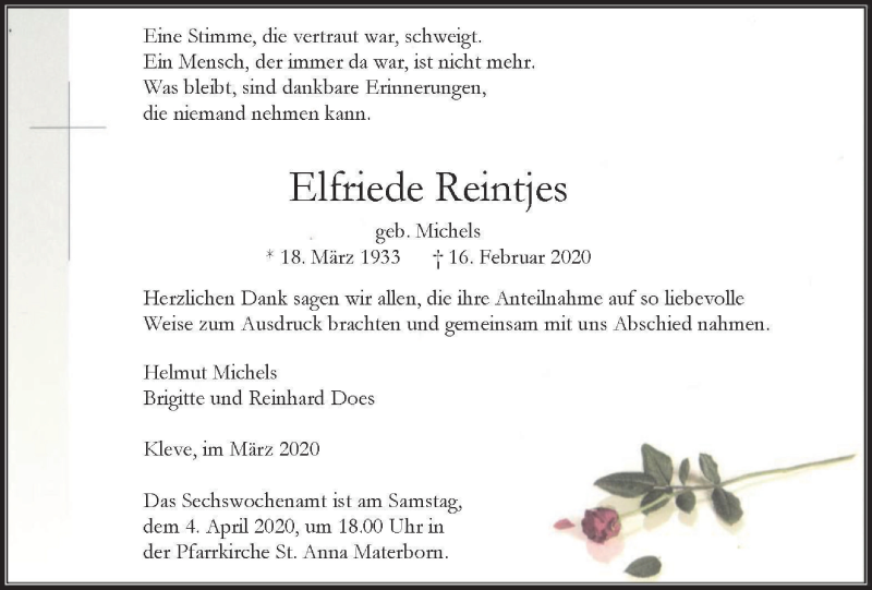  Traueranzeige für Elfriede Reintjes vom 28.03.2020 aus WVW Anzeigenblätter
