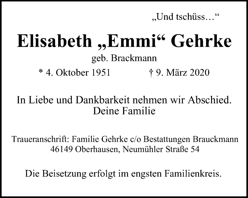  Traueranzeige für Elisabeth Gehrke vom 14.03.2020 aus WVW Anzeigenblätter