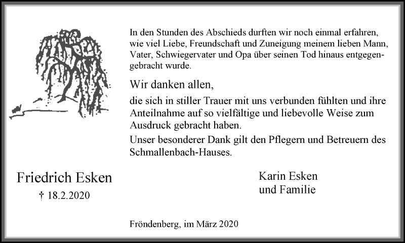  Traueranzeige für Friedrich Esken vom 28.03.2020 aus WVW Anzeigenblätter