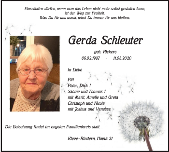 Traueranzeige von Gerda Schleuter von WVW Anzeigenblätter