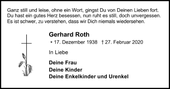 Traueranzeige von Gerhard Roth von WVW Anzeigenblätter