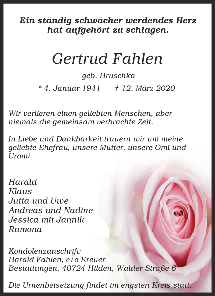  Traueranzeige für Gertrud Fahlen vom 21.03.2020 aus WVW Anzeigenblätter