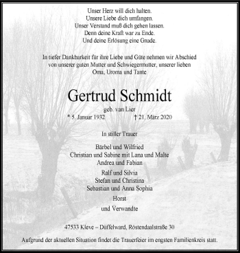 Traueranzeige von Gertrud Schmidt von WVW Anzeigenblätter