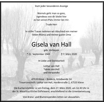 Traueranzeige von Gisela van Hall von WVW Anzeigenblätter
