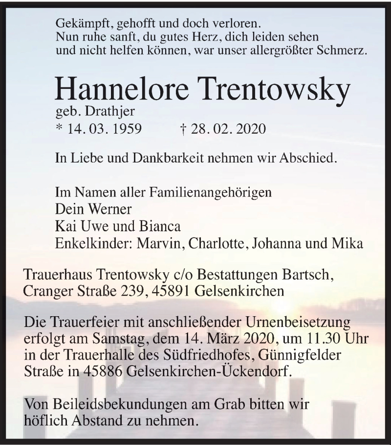  Traueranzeige für Hannelore Trentowsky vom 11.03.2020 aus WVW Anzeigenblätter