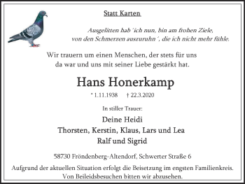 Traueranzeige von Hans Honerkamp von WVW Anzeigenblätter