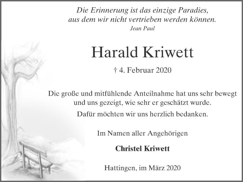  Traueranzeige für Harald Kriwett vom 28.03.2020 aus WVW Anzeigenblätter