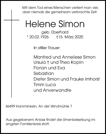 Traueranzeige von Helene Simon von WVW Anzeigenblätter