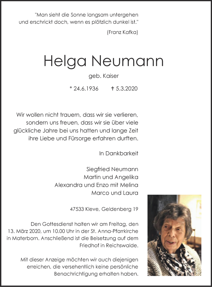  Traueranzeige für Helga Neumann vom 11.03.2020 aus WVW Anzeigenblätter