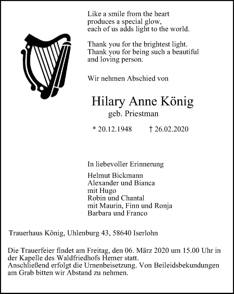  Traueranzeige für Hilary Anne König vom 04.03.2020 aus WVW Anzeigenblätter