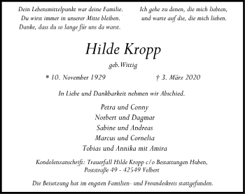 Traueranzeige von Hilde Kropp von WVW Anzeigenblätter