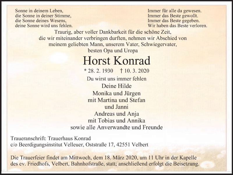  Traueranzeige für Horst Konrad vom 14.03.2020 aus WVW Anzeigenblätter