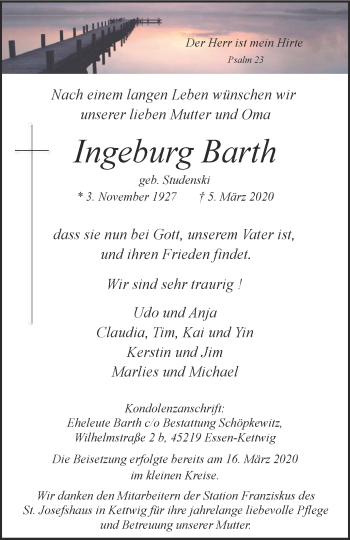 Traueranzeige von Ingeburg Barth von WVW Anzeigenblätter