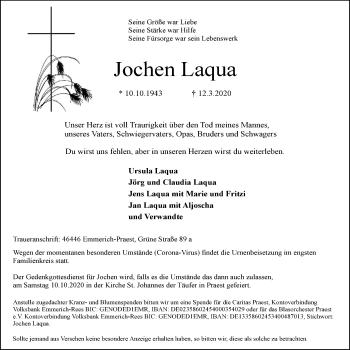 Traueranzeige von Jochen Laqua von WVW Anzeigenblätter