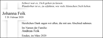Traueranzeige von Johanna Feik von WVW Anzeigenblätter