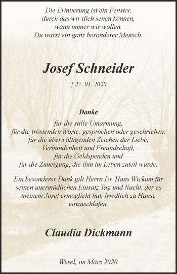 Traueranzeige von Josef Schneider von WVW Anzeigenblätter